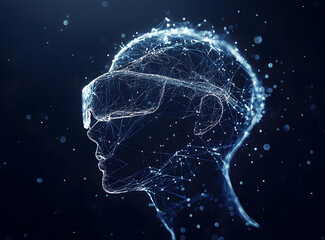 Poster - Abstract digital human head wearing VR headset, connected nodes and lines.