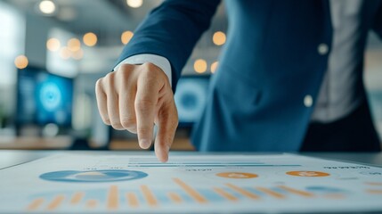 Poster - Business professional analyzing data on a touchscreen display in a modern office.
