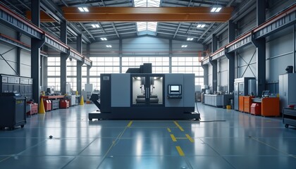 Poster - Large modern industrial facility high-precision CNC machine tool. Automated machinery works in clean spacious workshop. Modern tech equipment. Factory floor shows heavy-duty engineering equipment.