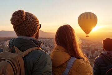 Couple watches hot air balloon ascend at sunset over picturesque landscape