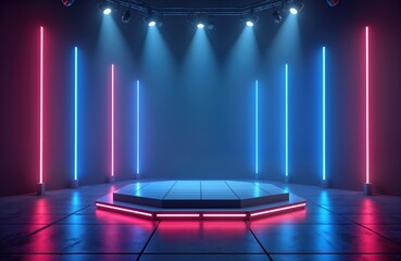 Poster - Empty stage with geometric platform. Neon blue, pink lights illuminate space. Modern design for dance club show. Stylish illumination. Empty stage ready for performance. Futuristic lighting scheme