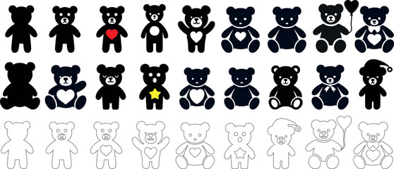 Wall Mural - Teddy bear silhouette, outline vector set, and teddy bear designs featuring hearts, stars, and playful poses. Perfect for kids designs, patterns, greeting cards, logos, or digital art projects