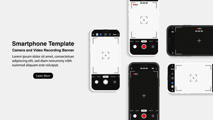 Poster - Smartphone Template: Camera and Video Recording Banner. Front view of a smartphone displaying a camera and video capture app on the screen. Vector illustration