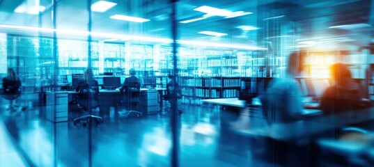 Poster - Modern Office Environment with Blurred Figures Working in a Library Space Featuring Rows of Shelves, Desks, and Computers Under Blue Light and Natural Sunlight