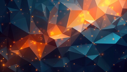 Poster - Abstract geometric pattern with low polygon triangles. Dark blue, orange triangles create modern, colorful design. Shiny orange highlights add visual interest. Mosaic effect eye-catching, futuristic.
