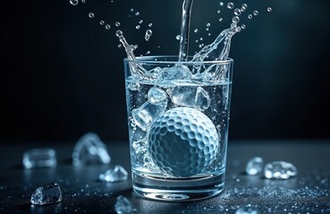 Poster - Golf ball immersed in ice water glass. Water splashing around glass. Refreshing drink concept. Cool beverage with ice cubes. Perfect summer refreshment. Sporty, healthy lifestyle. Creative image.