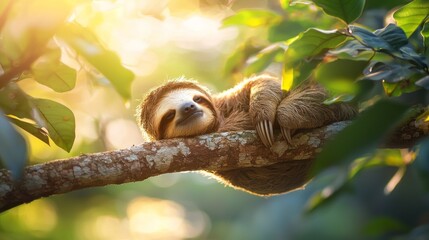 Poster - A cute sloth relaxes on a sturdy tree branch, surrounded by lush green leaves. Sunlight filters through, creating a tranquil atmosphere in the forest