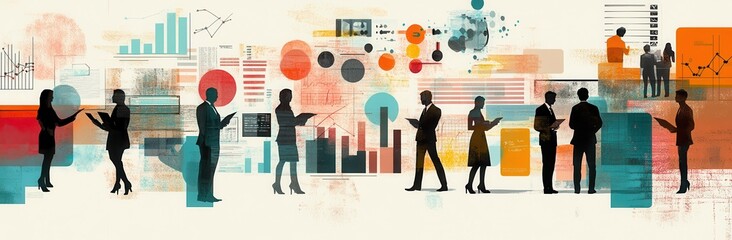 Poster - Professional Business Meeting Illustration Featuring Diverse Silhouettes Engaged in Communication Amidst Data Graphics and Abstract Elements for Corporate Themes