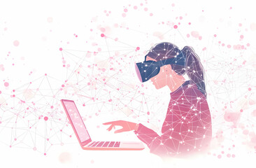 Poster - Woman using VR headset and laptop, connected network.