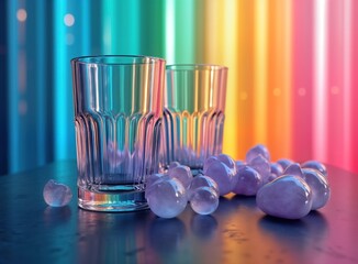 Aufkleber - Two ribbed glasses with vibrant gradient background. Colorful, reeded glasses, purple stones stand on dark surface. Abstract, vibrant design with blurred rainbow overlay. Acrylic texture, crystal