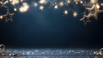 Wall Mural - Golden stars and glitter on dark background with bokeh. Christmas decoration concept