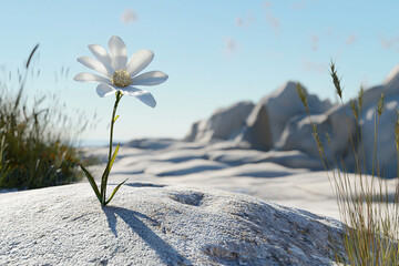 Canvas Print - Flower stands alone on rocky terrain under clear blue sky