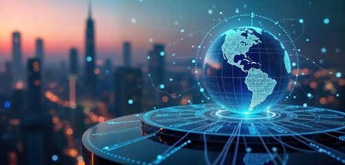 Poster - Futuristic global electronics market concept. Digital globe floats above intricate tech network. Global data flows visible. Night cityscape blurred background represents global reach of electronics