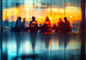 Poster - Silhouetted Business Team Collaborating in a Modern Office at Sunset with Warm Colors and Abstract Reflections on Glass Surface