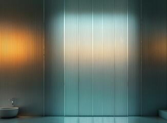 Aufkleber - Modern bathroom interior design. Gray ribbed walls, reeded glass create minimal aesthetic. Blurred window shows light, airy outside scene. Chrome faucet, round sink complete minimalist look. Empty