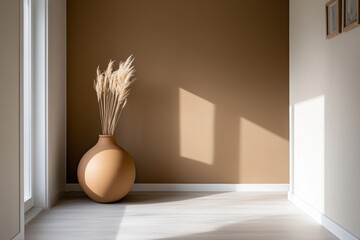 Wall Mural - scandinavian interior design, sunlight fills a scandinavian hallway with brown walls adorned with sepia photo frames, guiding to a tranquil area