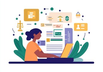 Poster - Woman Using Laptop Surrounded by Digital Elements Representing Law, Finance, Technology, and Data Management in a Vibrant and Modern Workspace
