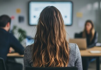 Aufkleber - Woman with long hair sitting in a modern office, focusing on a presentation by a colleague, illustrating teamwork, collaboration, and professional development in a vibrant environment.