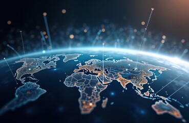 Leinwandbilder - Digital earth model shows global communication network. Interconnected nodes represent global connectivity. Modern tech concept for future business projects. Abstract imagery highlights global