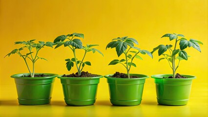 Green tomato seedlings growing in green plastic pots on a vibrant yellow background, ecology, sustainable, gardening