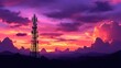 © Din Nasahrudin - Telecommunications tower at sunset, vibrant sky with purple and orange hues, silhouetted structure, technology and connectivity theme, dramatic clouds