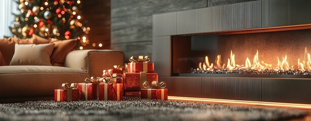 A modern, luxurious living room with a sleek fireplace, neatly stacked presents, and shimmering festive decorations. A soft sofa adds to the comfort and warmth.