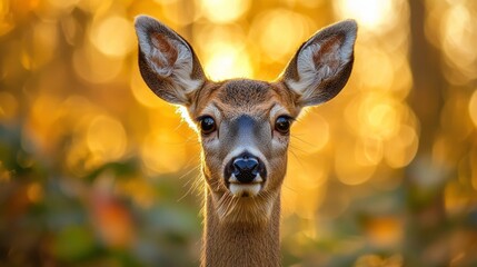 Poster - A roe deer doe looks intently into the distance, surrounded by a warm, golden ambiance of autumn leaves. The enchanting light creates a serene atmosphere that captivates the moment