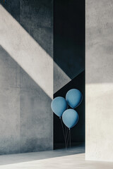 Poster - Minimalist Blue Balloons in Modern Architectural Space with Soft Shadow Play