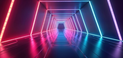 Aufkleber - Neon tunnel with gradient colors. Pink, blue neon lights illuminate futuristic tunnel. Smooth lines, glossy surface create dynamic, vibrant effect. Abstract space illustration. Great for futuristic