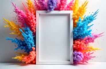 Aufkleber - Colorful powder paint explosion surrounds white frame. Creative display vibrant colors. Blank frame offers product presentation space. Stylish, trendy design perfect for promotional use. Trendy,