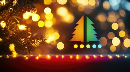 Fototapete - Christmas progress bar graphic with a tree on red, golden bokeh lights softly glowing in a cheerful design