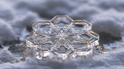 Wall Mural - Close view of a snowflake symmetrical beauty atop a smooth, frosty snowdrift