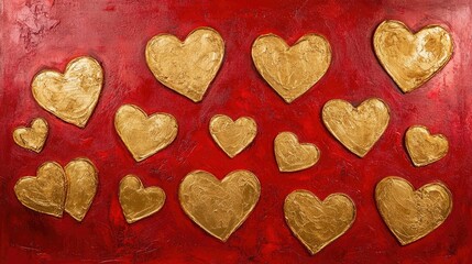 Sticker - Dazzling golden hearts laid out on a bright red canvas, offering a vibrant, festive, and romantic aesthetic.