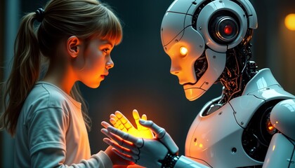 Aufkleber - Future kid, robot hold hands. AI, human connection in futuristic setting. Close-up shows delicate interaction. Innovative tech concept. Digital art. Near-future scenario. Child looks at robot.