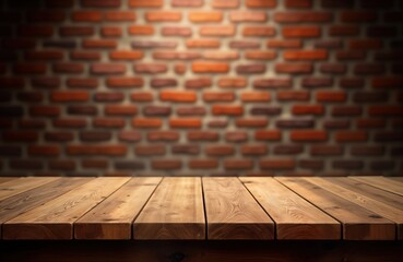 Aufkleber - Empty rustic wooden table in front of blurry brick wall. Empty surface awaits items food. Suitable for products food in vintage rustic style setting. Image ideal for tabletop displays, product