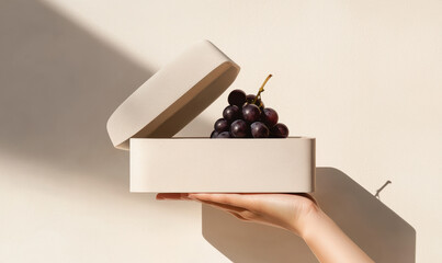 Poster - Minimalist Composition with Grapes in Beige Box on a Hand with Soft Shadows