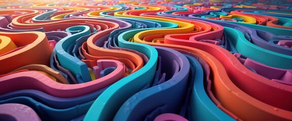 Poster - Abstract rainbow labyrinth pattern. Layered wavy shapes create a complex design. Bright colors and smooth textures. Modern illustration. Possible use in tech, fashion, or design concepts.