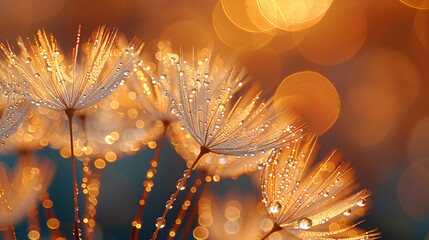 Wall Mural - Close-up view of dandelion seeds with dewdrops on their petals and exposed to soft and blur, warm morning sunlight. Dreamy and tranquil concept