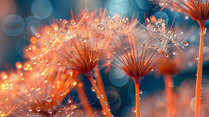 Wall Mural - Close-up view of dandelion seeds with dewdrops on their petals and exposed to soft and blur, warm morning sunlight. Dreamy and tranquil concept