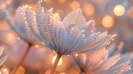 Wall Mural - Close-up view of dandelion seeds with dewdrops on their petals and exposed to soft and blur, warm morning sunlight. Dreamy and tranquil concept