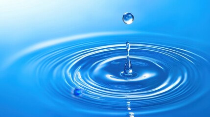Poster - Water Drop Creating Ripples in a Calm Blue Surface Under Soft Light