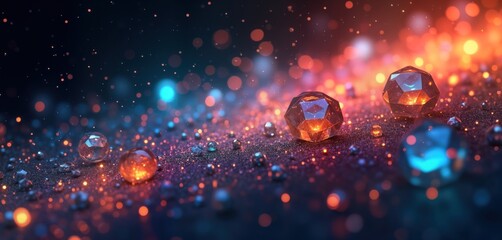 Aufkleber - Geometric shapes glow with radiant particles against dark background. Holographic design with vibrant colors. Abstract tech art with dynamic light effect. Modern shapes, energy, futuristic aesthetic.