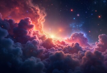 Poster - Colorful nebula clouds fill outer space. Stars twinkle through glowing clouds. Cosmic light shines through clouds. Fantasy space background. Abstract art style. Vast universe. Artistic celestial