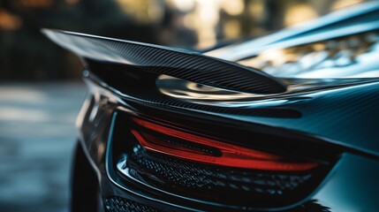 A close-up of a black sports car's rear spoiler and taillight.