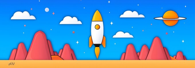 Wall Mural - An orange alien space planet game cartoon background. Rock and mountain terrain. A cratered crater in the ground. A moon and Saturn in the sky, a sky filled with stars.