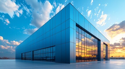 Poster - A sleek, contemporary factory building showcases expansive glass windows reflecting vibrant sunset hues. The industrial design contrasts with the vivid clouds, creating an impressive skyline
