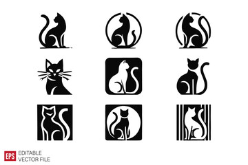 set of kittens cat Silhouettes Black and White Illustration Designs on White Background