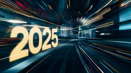 Poster - A futuristic representation of the year 2025 with motion blur effects.