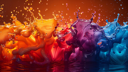Wall Mural - A dynamic burst of vibrant paint splashes, creating an explosion of colors for an abstract and artistic background. The scene is filled with energy and movement, showcasing a rich palette