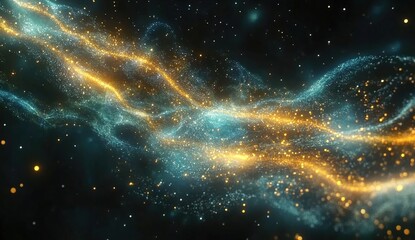 Poster - Golden and Teal Particles Flow Dynamically Across the Screen in Abstract Motion